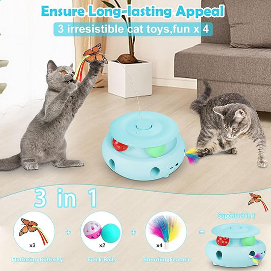3-in-1 Interactive Cat Toys for Indoor Cats, Automatic 6 Holes Mice Whack-A-Mole, Fluttering Butterfly, Track Balls, USB Rechargeable, Ultra Fun Smart Interactive Kitten Toy (Tiffany Blue) - PAWPICO