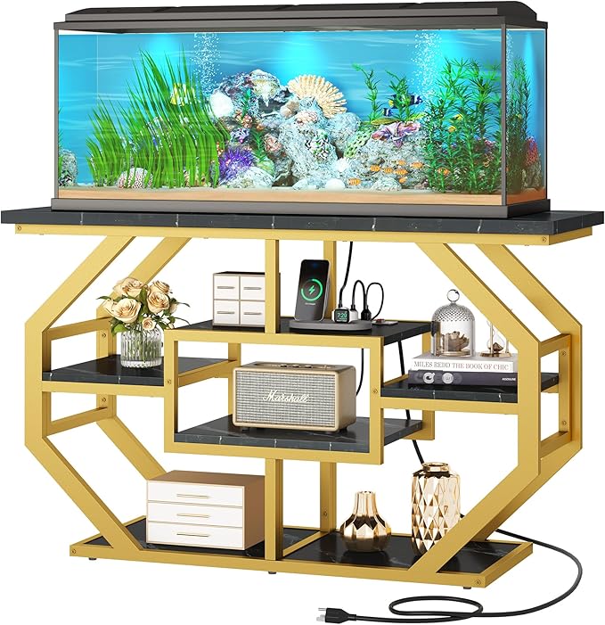 DWVO 55-75 Gallon Aquarium Stand with Power Outlet, Display Stand for Turtle Tank, Reptile Terrarium, Metal Fish Tank Stand Suitable for Living Room, Entryway, 860LBS Capacity, Black & Gold DWVO