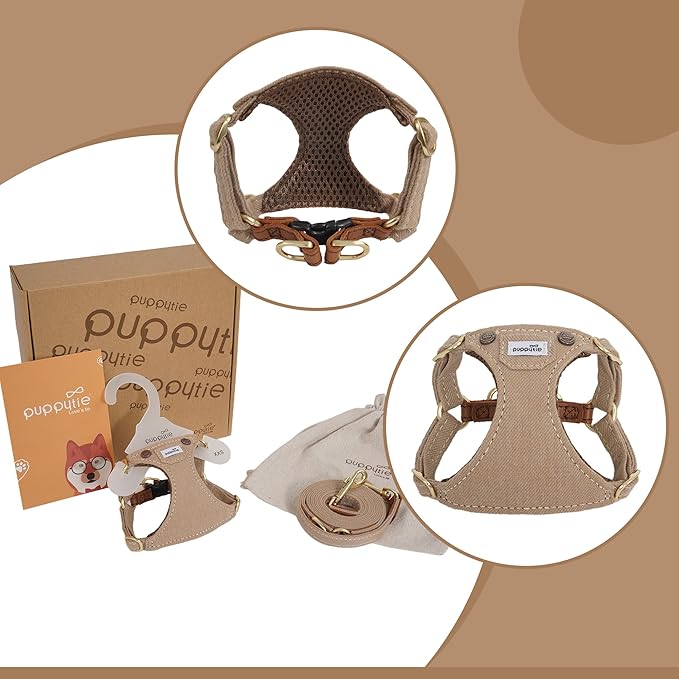 Puppytie No Pull Dog Harness with Multifunction Dog Leash,Soft Adjustable No Choke Escape Proof Pet Harness Vest for Medium Dogs,Denim Mocha Brown,M Puppytie
