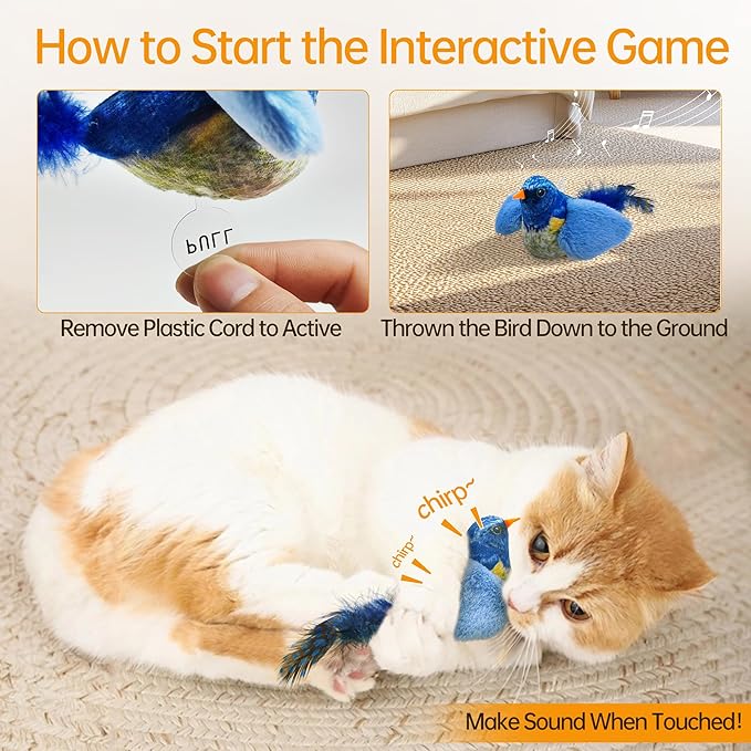 Chirping Bird Cat Toys Hanging Cat Feather Toy - Catnip Interactive Cat Toys for Indoor Cats - Automatic Cat Toy for Cat Exercise & Kicker to Self Play (Gray) - PAWPICO