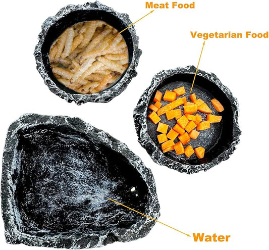 3 Pack Reptile Water Dish Food Bowl, Reptile Feeding Terrarium Bowls for Bearded Dragon Lizard Frog Gecko Tortoise Hermit Crab Snail (Black) CATDABIR