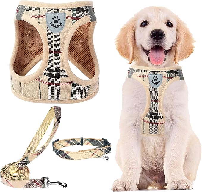 PUPTECK Adjustable Dog Harness Collar and Leash Set Step in No Pull Pet Harness for Small Medium Dogs Puppy and Cats Outdoor Walking Running, Soft Mesh Padded Reflective Vest Harnesses, Beige XS PUPTECK