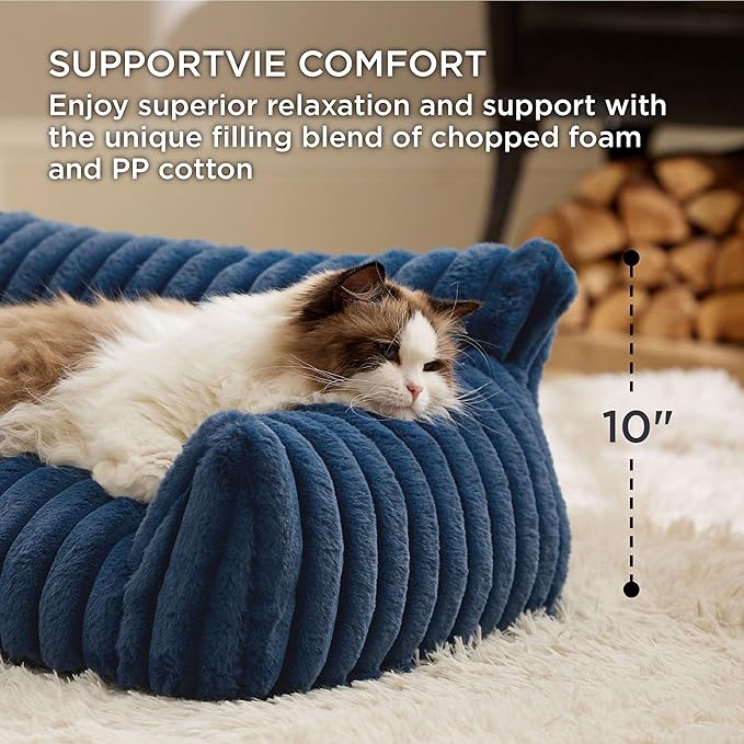 Bedsure Cute Cat Couch for Pets - Fluffy Cat Sofa with Premium Soft Corduroy Fleece, Fuzzy Cat Couch Bed with Removable Washable Cover, Supportive Cat Chair for Indoor Cats, 24inch, Night Blue - PAWPICO