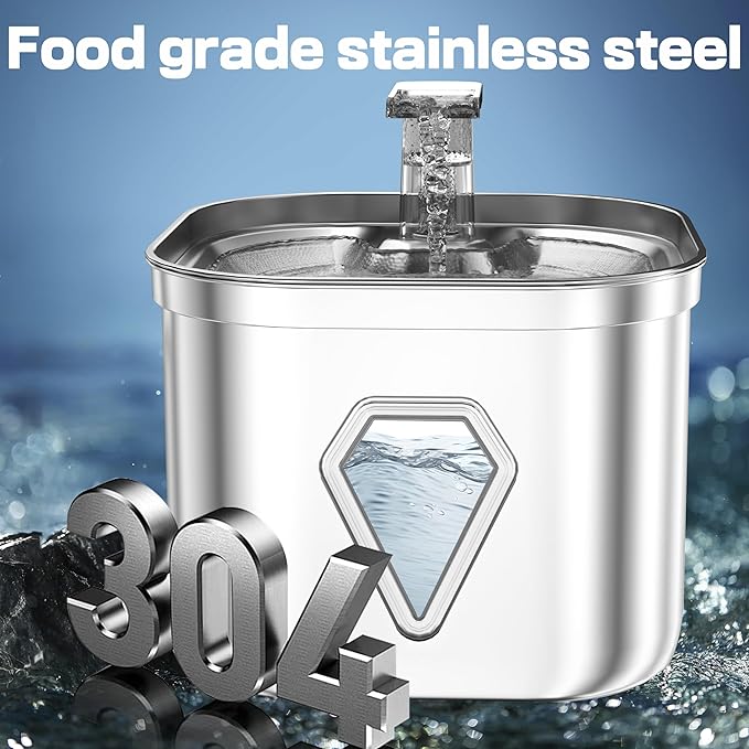 Cat Water Fountain Stainless Steel, Pet Water Fountain for Drinking, 2.2L/73oz Cat Fountain, Automatic Dog Water Dispenser, Water Level Window&3 Filters, Multiple Pet Fountain - PAWPICO