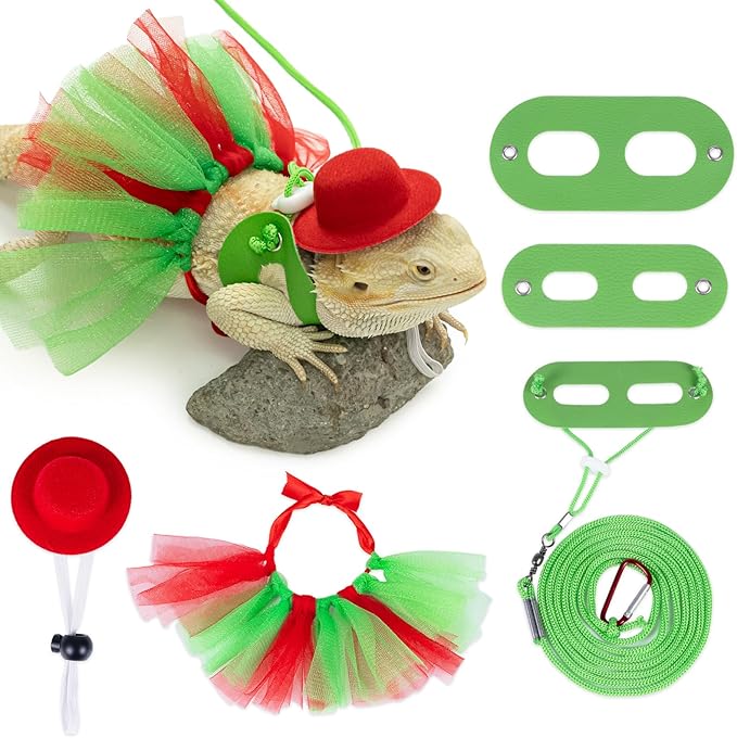 Bearded Dragon Christmas Costume Tutu Skirt Bowler Hat Leash Harness Reptile Christmas Cosplay Accessories Set for Lizard Leopard Gecko(Red) WODISON