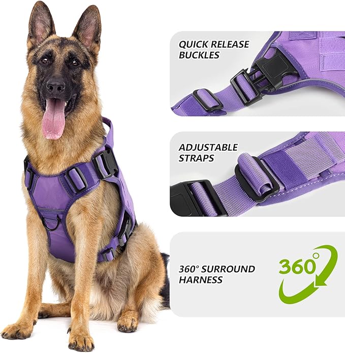 WINGOIN Purple Harness with Handle Tactical Dog Harness for Large Dogs No Pull Adjustable Reflective K9 Military Dog Vest Harnesses for Walking, Hiking, Training(XL) WINGOIN