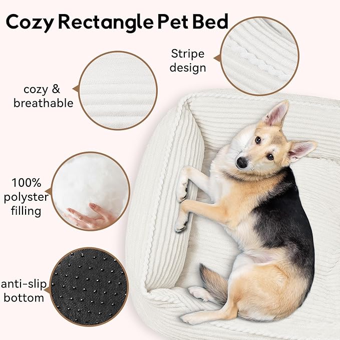 Rectangle Dog Bed for Large Medium Pets Indoor Outdoor with Removable Mat,Machine Washable Sleeping Sofa Non-Slip Bottom Soft Puppy Bed Durable Orthopedic Calming Pet Cuddler(Medium, Cream) - PAWPICO