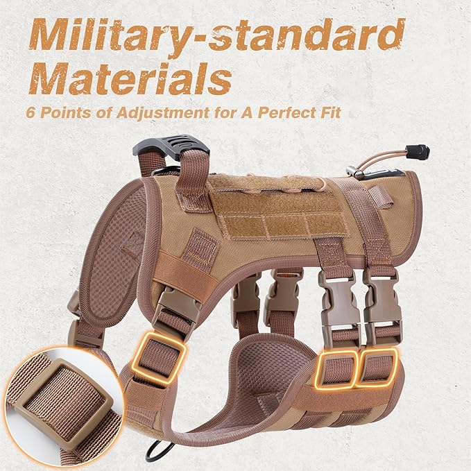 No Pull Tactical Dog Harness for Large Dogs, Escape Proof Molle Dog Vest Harness and Leash Set, Adjustable Military Service Dog Harness with Handle for Medium Large Dogs(Brown,Large) Yungaspy