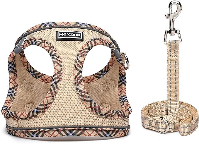 Mercano Soft Mesh Dog Harness and Leash Set, No-Chock Step-in Reflective Breathable Lightweight Easy Walk Vest Harnesses with Safety Buckle for Small Medium Dogs, Cats (Beige, S) PAWPICO