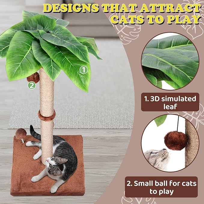 Cat Scratching Post for Indoor Cats,33.5” H Sisal Scratching Post for Kitten & Large Cat, Cat Scratch Post with Spring Ball,Brown - PAWPICO