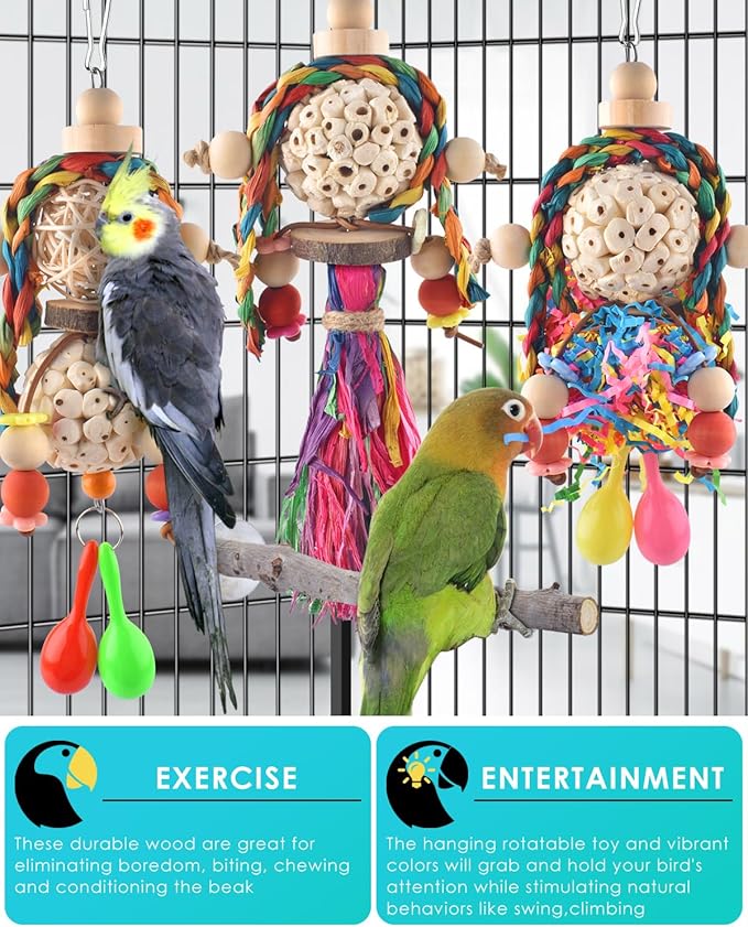Bissap Conure Toys, 3PCS Bird Parrot Foraging Shredder Hanging Toys Sola Balls with Sand Hammer for Small Parrots Parakeets Conures Cockatiels Love Birds Cage Toy Bissap