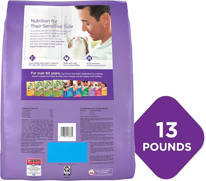 Purina Cat Chow Gentle Dry Cat Food, Sensitive Stomach + Skin - 13 lb. Bag - PAWPICO