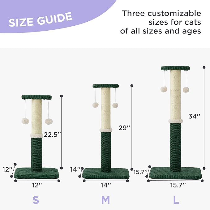Lesure Cat Scratching Post for Indoor Cats - Highly Resistant Carpet Scratch Posts, Premium Sisal Rope Scratch Posts for Kittens, Sturdy Small Cat Scratch Pole with Hanging Ball, Green(22.5 inch) - PAWPICO