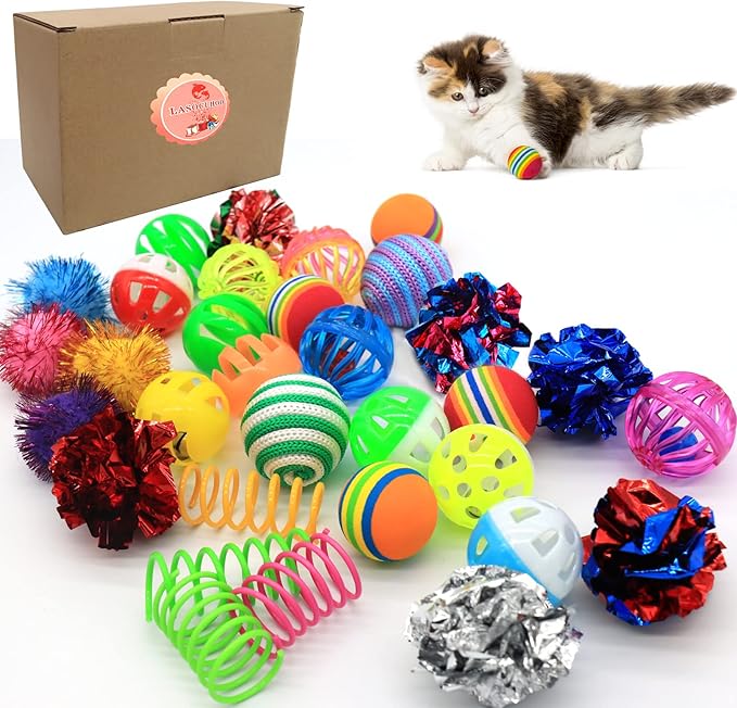 LASOCUHOO Cat Toys, Kitten Cat Ball Toys Assortments, Including Rainbow Ball, Crinkle Ball, Sparkle Ball, Bell Balls, Sisal Ball for All Cats 30 Packs - PAWPICO