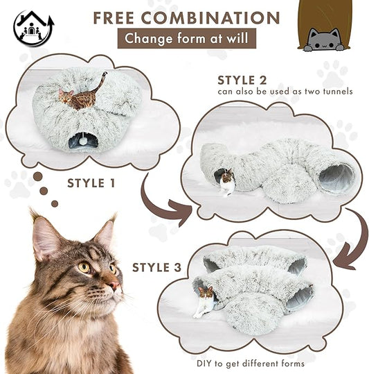 Large Cat Tunnel Bed for Indoor Cats Warm Fluffy Plush Cat Cave Tunnel Bed Collapsible, Washable, 3 Way and Multifunctional with Dangling Balls for Cats, Kittens and Rabbits- Brown - PAWPICO