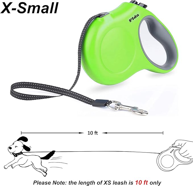 Fida Retractable Dog Leash, 10ft Heavy Duty Pet Walking Leash for X-Small Dog or Cat up to 18 lbs, Tangle Free. One-Hand Brake (X-Small, Green) Fida