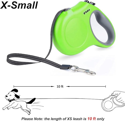 Fida Retractable Dog Leash, 10ft Heavy Duty Pet Walking Leash for X-Small Dog or Cat up to 18 lbs, Tangle Free. One-Hand Brake (X-Small, Green) Fida