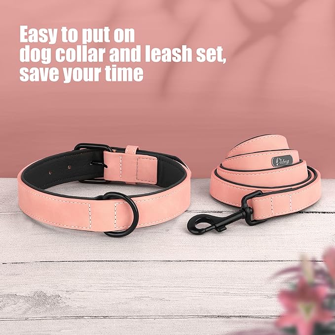 Didog Soft Padded Leather Dog Collar and Leash Set, Heavy Duty Pink Dog Leash and Collar Set with Metal Buckle, Breathable Dog Collars with 4FT Leather Dog Leash for Small Medium Large Dogs, Pink, XL Didog