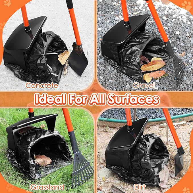 SlowTon Dog Pooper Scooper - 37.4" Long Handle Adjustable Metal Swivel Bin & Rake & Spade Kit with 20 Waste Bags, Portable Pooper Scooper for Gravel Lawn Grass, Suit for Small Medium Large Dog - PAWPICO