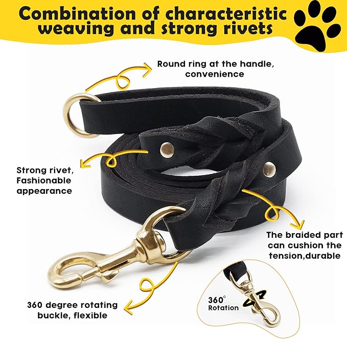 6ft Leather Dog Collar and Leash Set for Heavy Duty Large Dog,Soft and Comfortable Braided Leather Dog Leash Set with Anti-Slip Handle,Long Strong Leather Collar with Metal Lock for Training,Black KILISTEELS