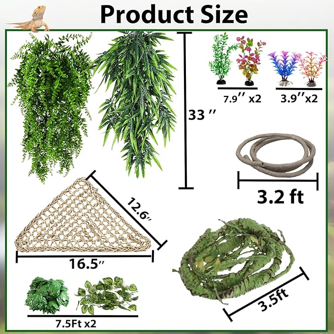 11 Pieces Bearded Dragon Tank Accessories, Reptile Hammock Plants and Vines Terrarium Branch Plants Habitat Decoration for Lizard Gecko Snake Hermit Crab Mechpia