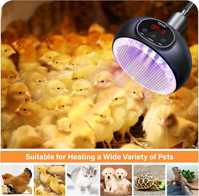 Heat Lamp for Chickens with Holder,200W-350W-500W Reptile Heating Lamp with UVA UVB Ligh 3-6-9-12H Timer, Protable Greenhouse Heater for Outdoor Chicken Coop Indoor Reptile Rabbits Dog Cats TFNN