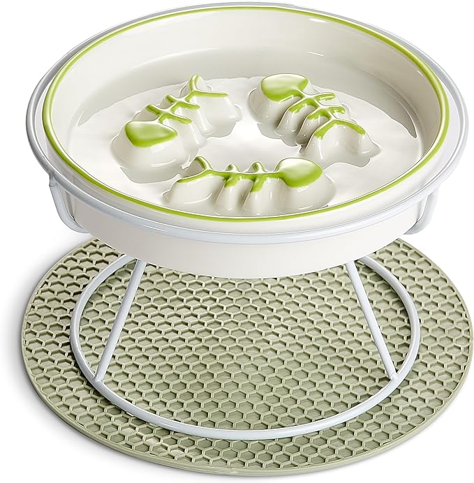Raised Cat Dog Slow Feeder Bowl with Stand,Elevated Cat Food Bowl Shallow Design,Slow Down Eating Speed of Pets,No Whisker Fatigue Ceramic Cat Puzzy Feeder, Against Bloat,Indigestion, Easy to Clean - PAWPICO