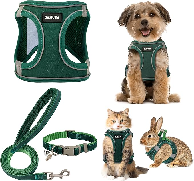 GAMUDA Small Pet Harness Collar and Leash Set, Step in No Chock No Pull Linen Fabric Soft Mesh Dog Vest Harnesses Reflective for Dogs Puppy Cats Kitten Rabbit (Green, XS) GAMUDACollarsCollection