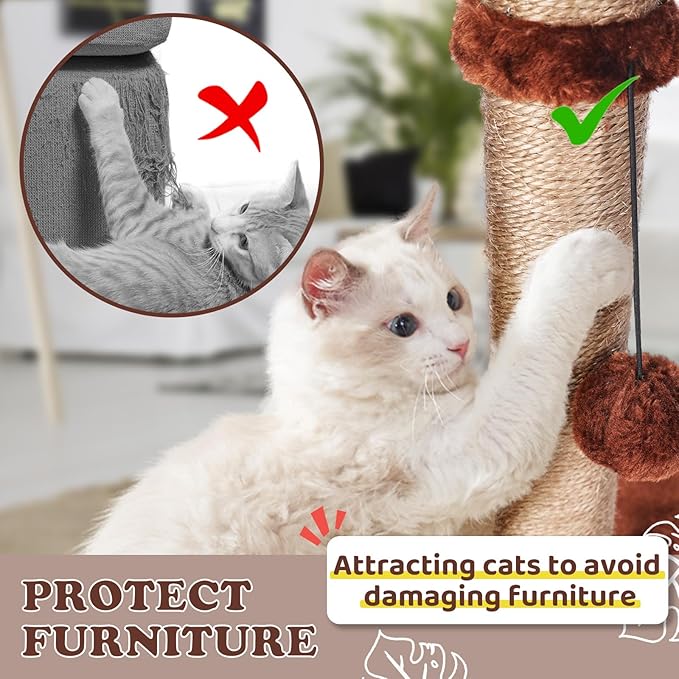 Cat Scratching Post for Indoor Cats,33.5” H Sisal Scratching Post for Kitten & Large Cat, Cat Scratch Post with Spring Ball,Brown - PAWPICO