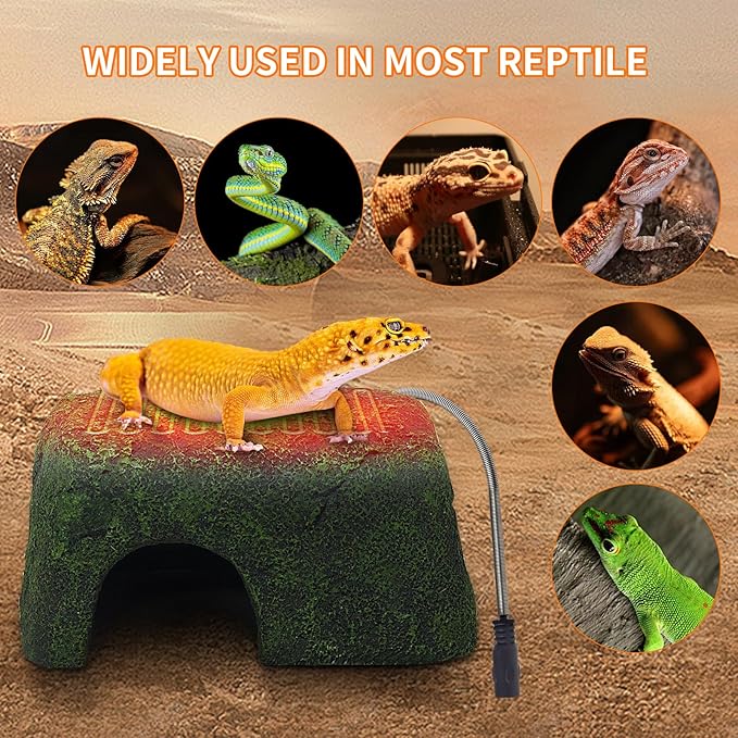 Heated Reptile Rock Cave, Reptile Hides and Caves, Heating Rock for Reptile Tank Decor for Small Reptile Hide with Heated Basking Platform for Lizards, Snake, Leopard Gecko, Reptiles Amphibians Gribouillage