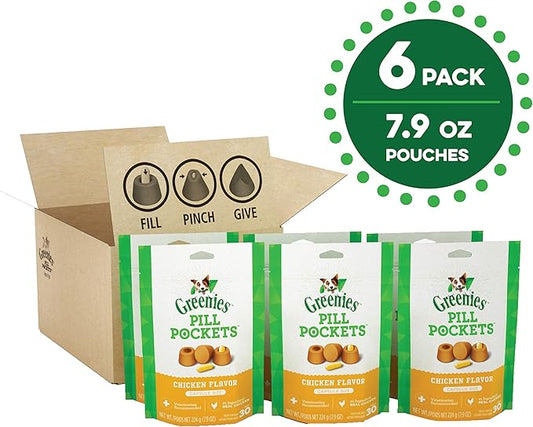 Greenies Pill Pockets for Dogs Capsule Size Natural Soft Dog Treats, Chicken Flavor, (6) 7.9 oz. Packs (180 Treats) - PAWPICO