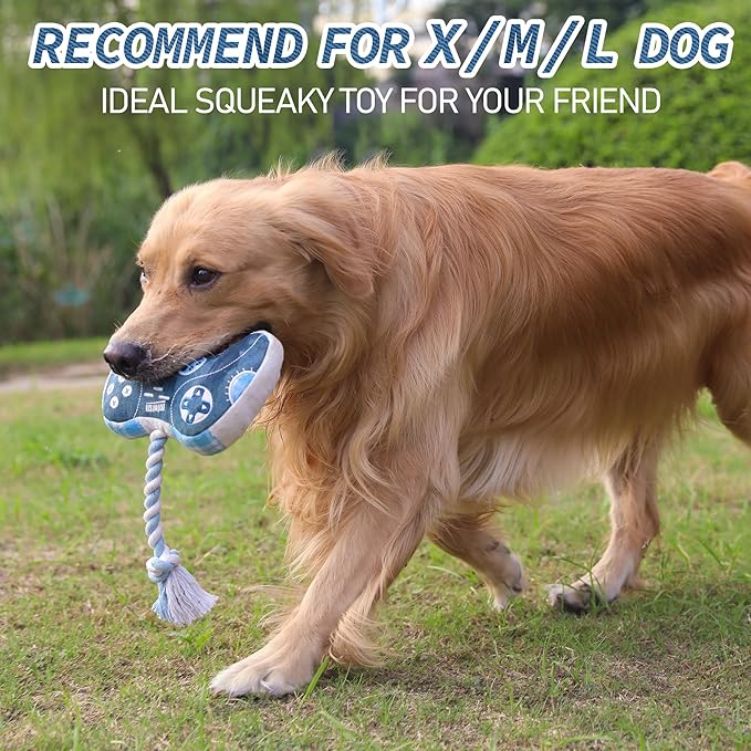 MTERSN Dog Squeaky Toys : Cute Plush Dog Toy with 3 Squeakers and Interactive Dog Rope Toy with Full Crinkle Paper - Funny Game Controller Shaped Pet Toys for Puppy, Small, Medium Dogs (Denim) - PAWPICO
