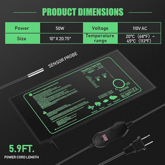 ROCEEI 2 Pack Seedling Heat Mat, 10 x 20.75 Inch Waterproof Seedling Heating Pad with Digital Thermostat Controller for Germination, Hydroponics, Brewing, Breeding, Indoor Gardening and Greenhouse ROCEEI