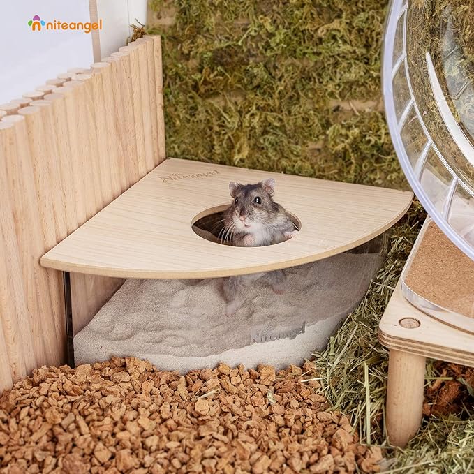 Niteangel Animal Sand-Bath Box: - Acrylic Critter's Sand Bath Shower Room & Digging Sand Container for Hamsters Mice Lemming Gerbils or Other Small Pets (Triangle, Burlywood) Niteangel