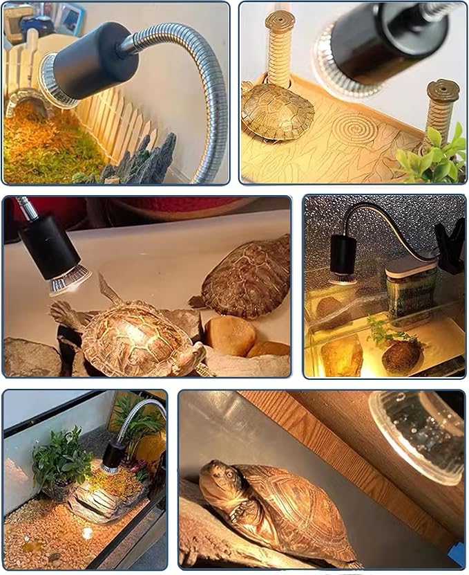 Upgraded Reptile Heat Lamp, UVA/UVB Turtle Heat Light Dimmable Aquarium Basking Light with 2 Bulbs Habitat Heating Lamp with 360° Rotatable for Terrarium Reptiles Lizard Snake PUEUTU