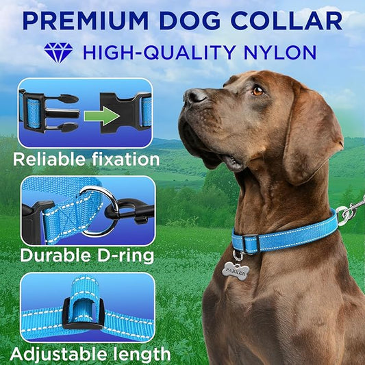 TECEUM Reflective Pet Collar – Sky Blue – XL – Basic Nylon Dog Collar – Quick Release Buckle – Fits Small, Medium and Large Dogs, Puppies, Cats – ESA & Service Dog Options TECEUM