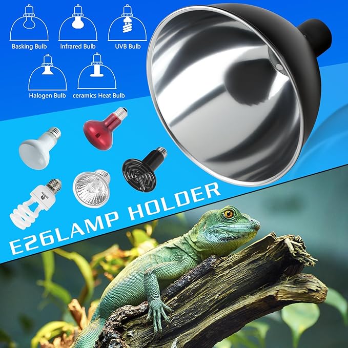 Reptile Light Fixture, 8.5 inch Optical Reflection Dome Heat Lamp Fixture, UVB Heat Basking Lamp Fixture for Amphibian Reptile Terrariums REPTIHOME