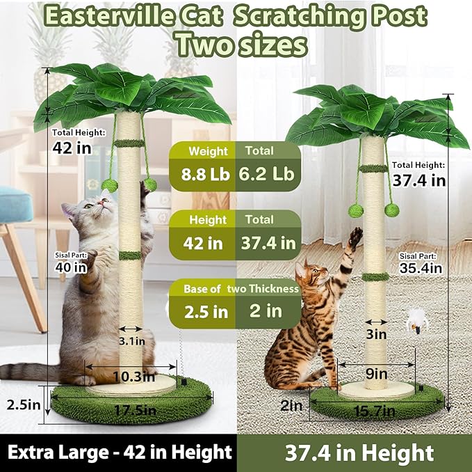 Cat Scratching Post, 37.4 Inch Tall Scratching Posts for Indoor Cats, Sisal Rope Scratching Post with Hanging Ball, Cat Scratcher Post for Large Cat & Kitten with Feather Toy - PAWPICO