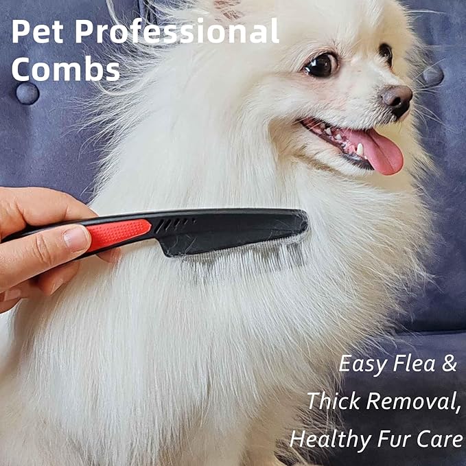 2 Pieces Fine Tooth and Wide Tooth Dog Grooming Comb - Rubber Handle Hair Comb for Small Dogs & Cats with Flea and Tick Removal (2PCS, Black Red) iluadme