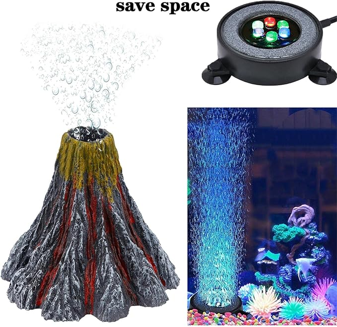 LED Aquarium Bubble Light with Air Pump, Aquarium Volcano Ornament Kit, Fish Tank Oxygenation with 6 LEDs Waterproof Volcanic Decoration Auiaerty