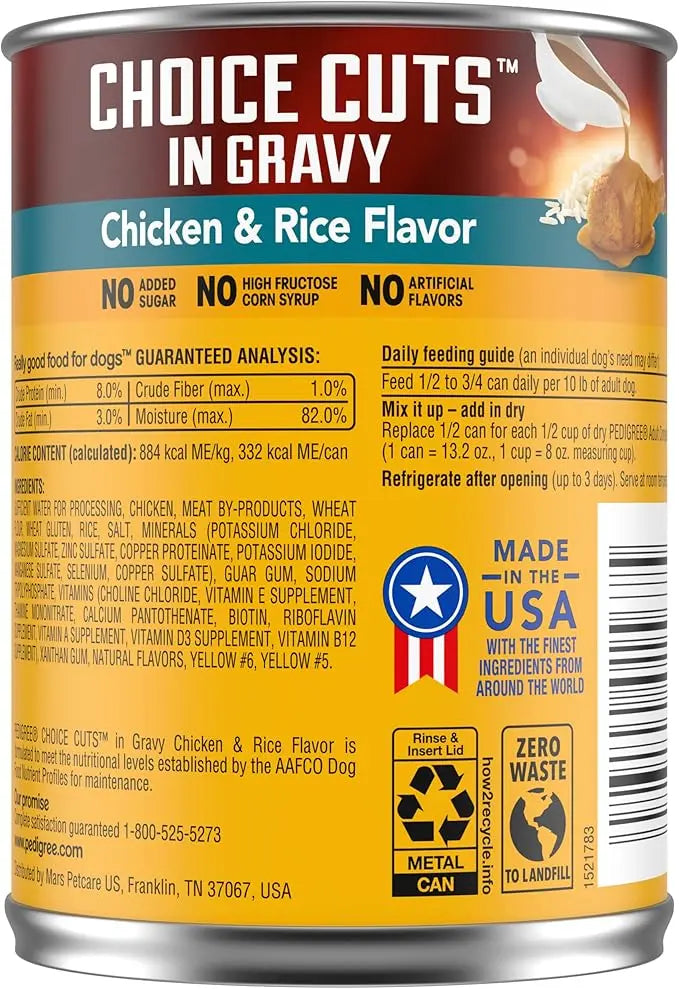 PEDIGREE CHOICE CUTS IN GRAVY Adult Canned Soft Wet Dog Food, Chicken & Rice Flavor, 13.2 oz. Cans 12 Pack - PAWPICO