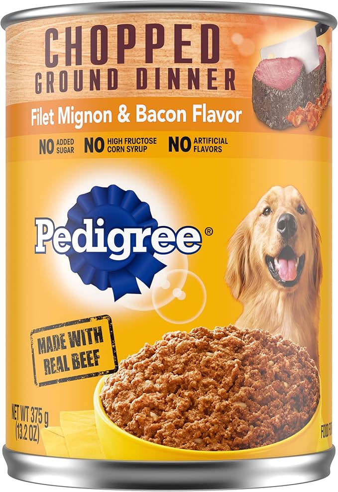 PEDIGREE CHOPPED GROUND DINNER Adult Canned Soft Wet Dog Food, Filet Mignon & Bacon Flavor, 13.2 oz. Cans (Pack of 12) - PAWPICO