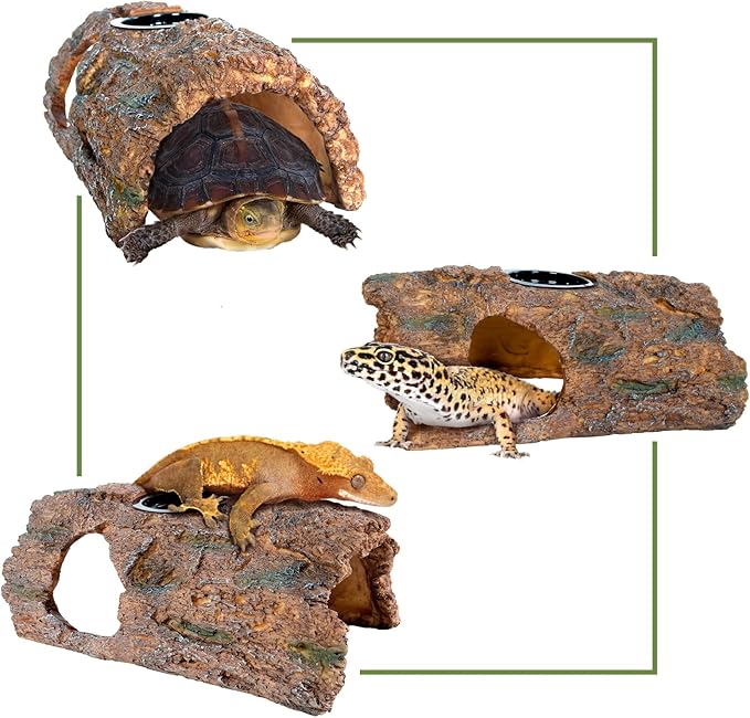 2 in 1 Reptile Hides and Caves with Top Feeder, 9in Resin Hollow Bark Log Hideout, Reptile Basking Platform Hideaway Tank Accessories for Bearded Dragon, Snake, Gecko, Lizard, Tortoise CAVACHEWReptileSupplies