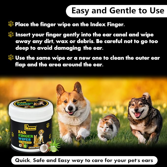 Hanu Ear Finger Wipes for Dogs & Cats Gently Remove Dirt, Wax & Debris - Relieve Ear Itching & Discomfort, Sooths & Deodorizes - All Natural Ingredients - Vet Recommended - 50 Count Hanu