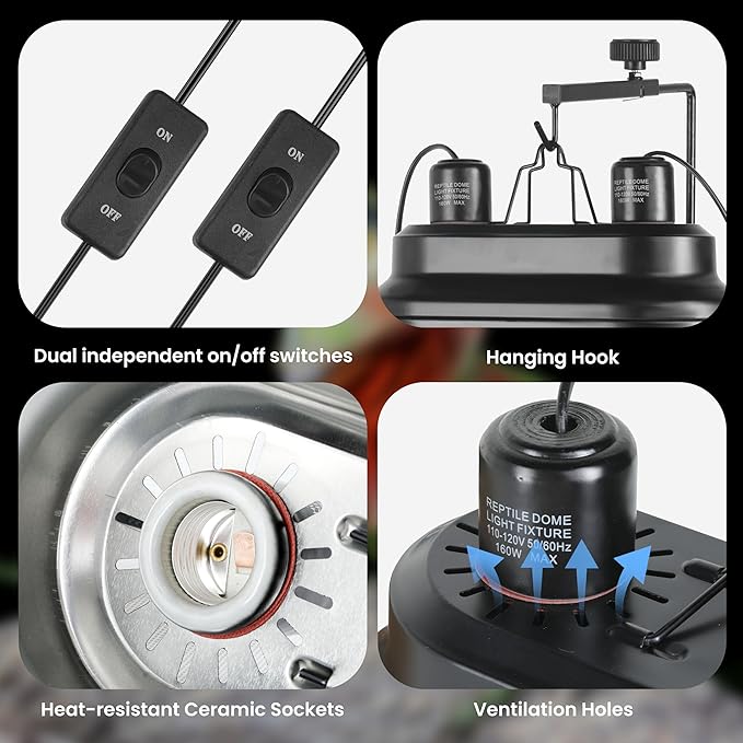 Simple Deluxe Dual Dome Reptile Light Fixture with Separate Switches, Fits Max 160W Reptile Heat Lamp/UVB Light, for Amphibians Terrarium and Tortoise Habitat SimpleDeluxe