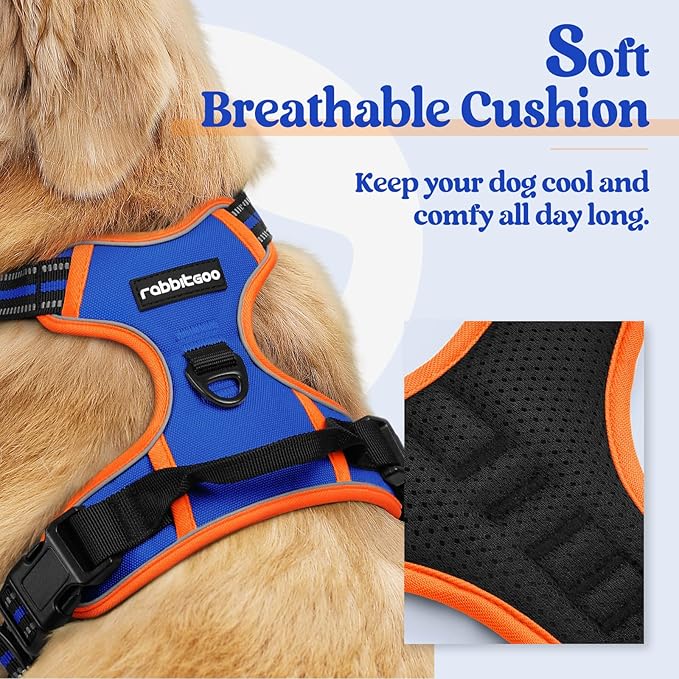 rabbitgoo Dog Harness No Pull with 2 Leash Clips, Adjustable Soft Padded, Reflective Oxford No Choke Pet Vest with Easy Control Handle for Large Dogs, Blue & Orange, L rabbitgoo