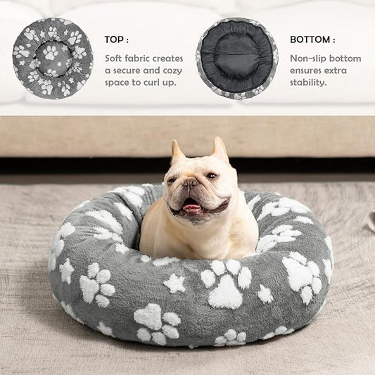 Donut Dog Beds for Small Dogs, Calming Round Cat Beds for Indoor Cats, Cute 3D Textured Paw Pet Bed with Removable Washable Cover and Anti-Slip Bottom(Grey,23") - PAWPICO