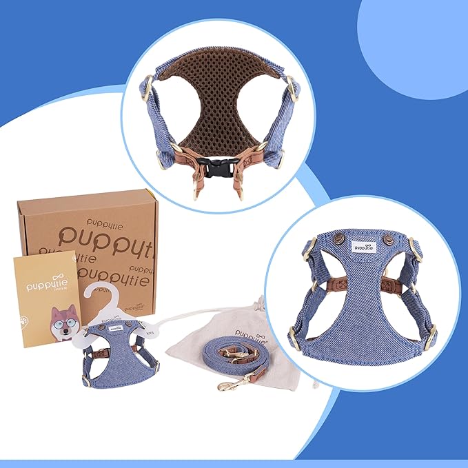 Puppytie No Pull Dog Harness with Multifunction Dog Leash,Soft Adjustable No Choke Escape Proof Pet Harness Vest for Medium Dogs,Denim Light Blue,M Puppytie