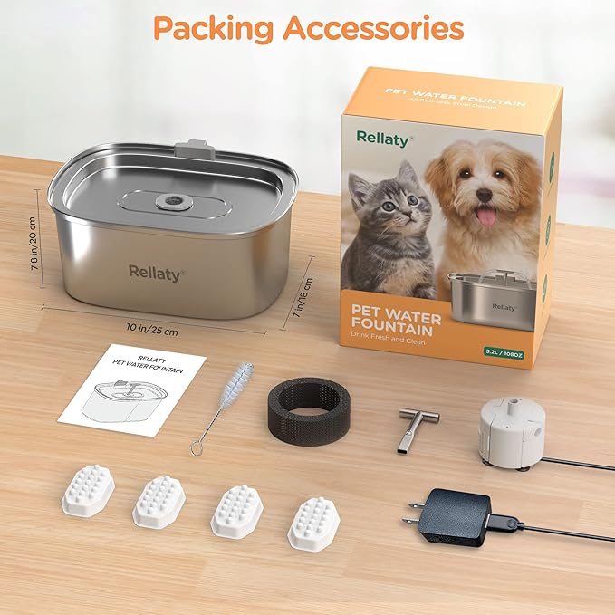 Cat Water Fountain Stainless Steel: 3.2L/108oz Pet Fountain Water Bowl Dog Drinking Dispenser Cat Feeding & Watering Supplies Animal Metal Kitty Spout for Cats Inside with 4 Replacement Filters - PAWPICO