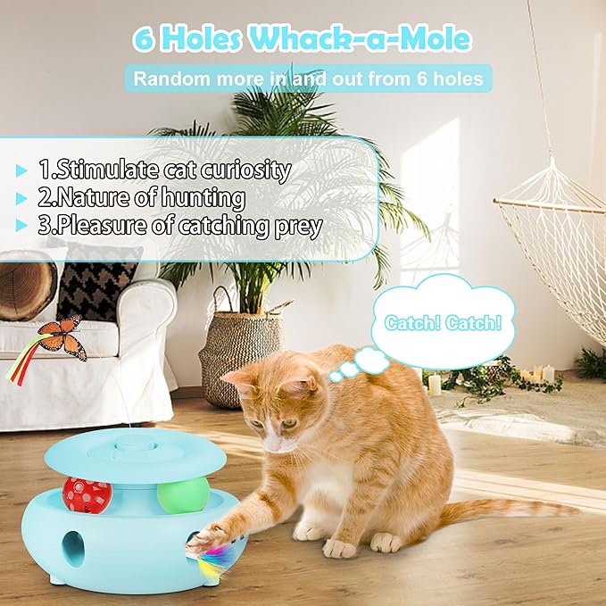 3-in-1 Interactive Cat Toys for Indoor Cats, Automatic 6 Holes Mice Whack-A-Mole, Fluttering Butterfly, Track Balls, USB Rechargeable, Ultra Fun Smart Interactive Kitten Toy (Tiffany Blue) - PAWPICO